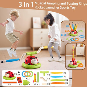 3 In 1 Musical Jump, Ring Toss Game, Stomps &Rocket Launcher for Kids