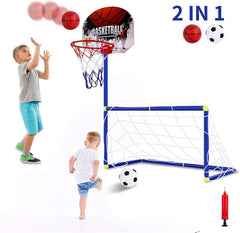2 in 1 Kids Sports Set with Football Goal, Basketball Stand, 2 Balls & Pump