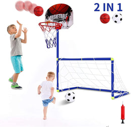 2 in 1 Kids Sports Set with Football Goal, Basketball Stand, 2 Balls & Pump