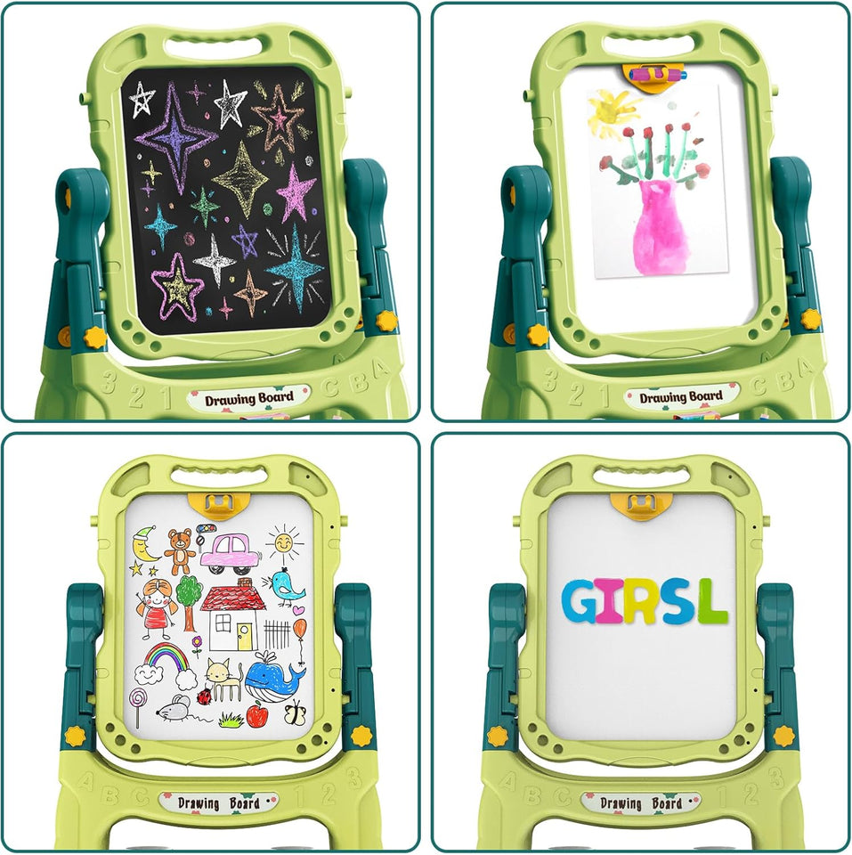 Kids Magnetic Drawing Board – 2 in 1 Whiteboard & Chalkboard with Letters & Numbers