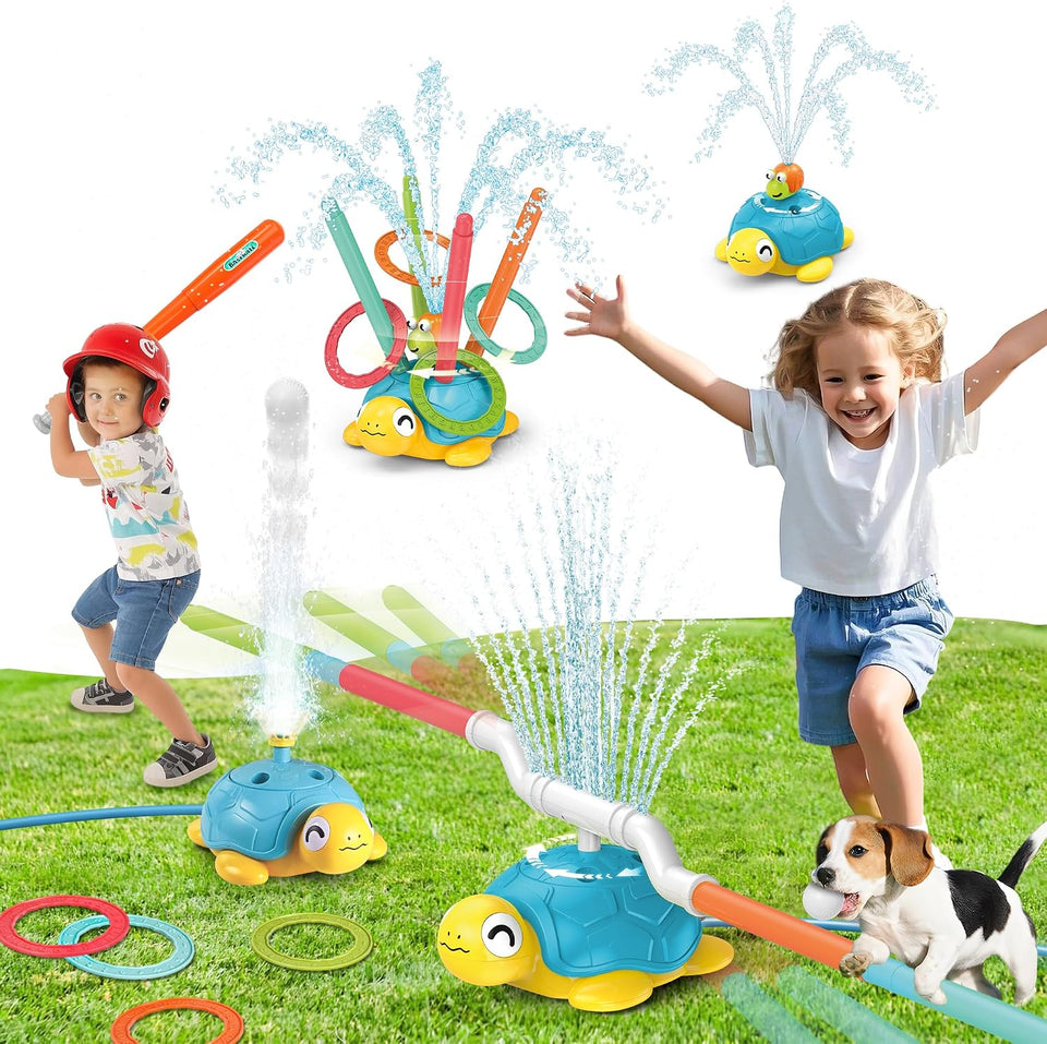 4 in 1 Turtle Water, Sprinkler Ring Toss, Baseball Game & Hurdle Play for Kids