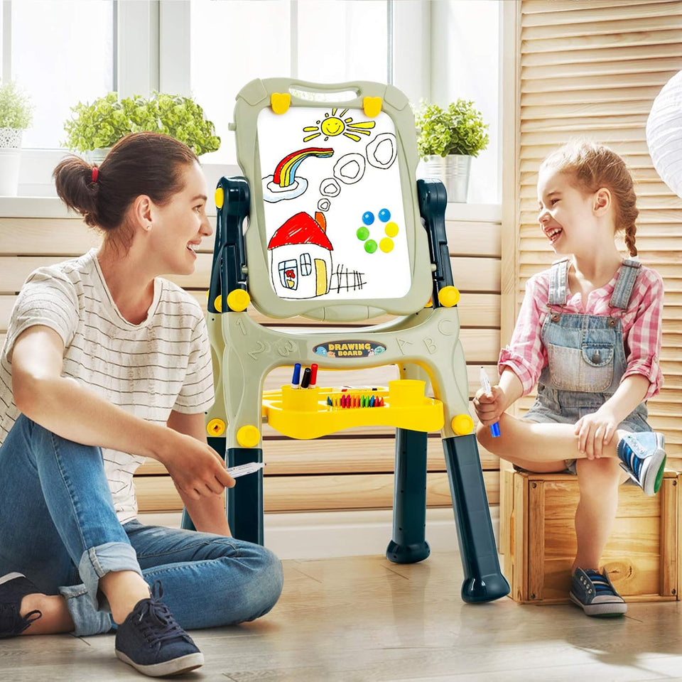 Kids Magnetic Drawing Board – 2 in 1 Whiteboard & Chalkboard with Letters & Numbers