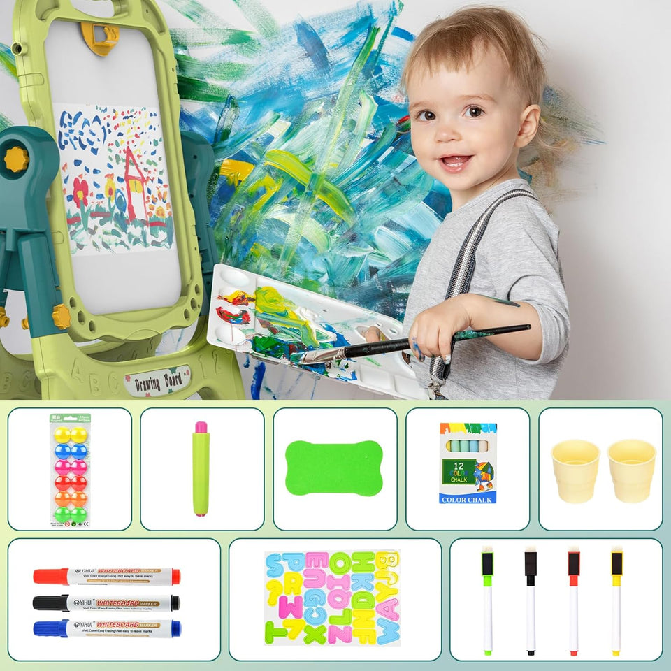 Kids Magnetic Drawing Board – 2 in 1 Whiteboard & Chalkboard with Letters & Numbers