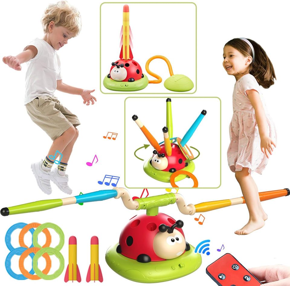 3 In 1 Musical Jump, Ring Toss Game, Stomps &Rocket Launcher for Kids