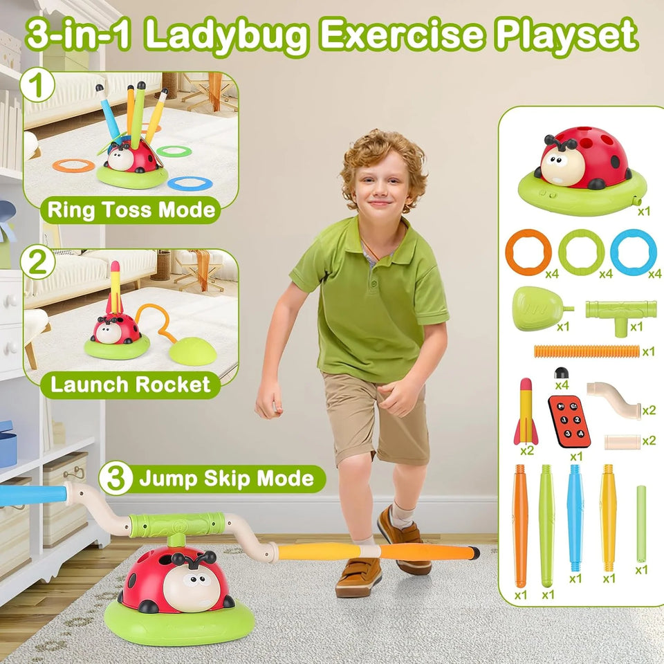 3 In 1 Musical Jump, Ring Toss Game, Stomps & Rocket Launcher for Kids
