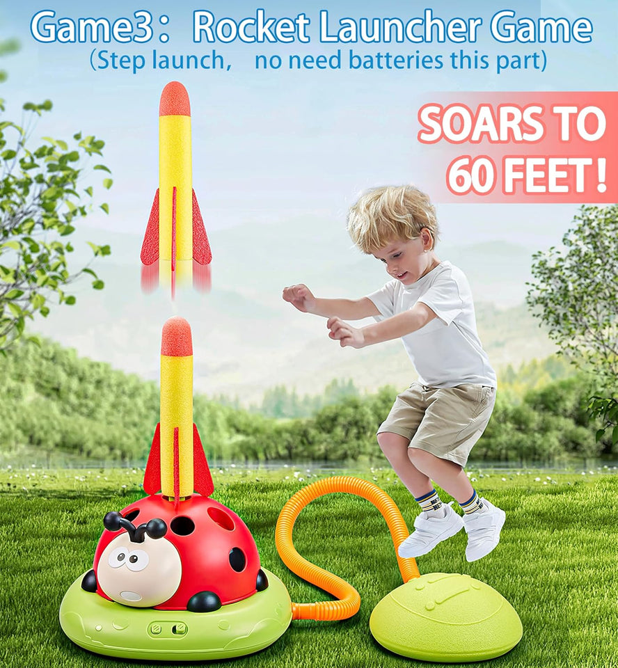 3 In 1 Musical Jump, Ring Toss Game, Stomps &Rocket Launcher for Kids