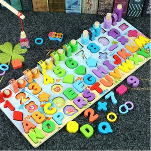 Kids wooden shape puzzle fishing counting game