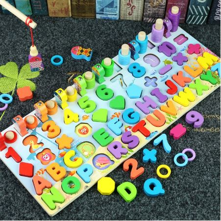 Kids wooden shape puzzle fishing counting game