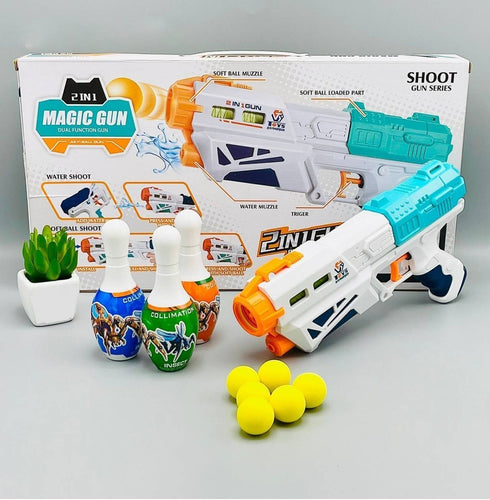 2 in 1 Water Shoot Gun with 3 Bowling Pins & 6 Soft Ball Bullet Toy Gun